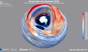A simulated image of the ozone hole in October over Antarctica.