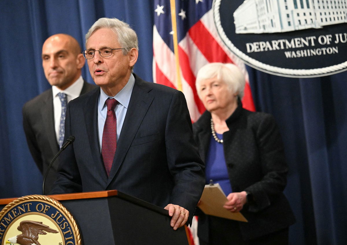 <i>Mandel Ngan/AFP/Getty Images</i><br/>Attorney General Merrick Garland speaks at a press conference with Treasury Secretary Janet Yellen and Commodity Futures Trading Commission Chairman Rostin Behnam to announce cryptocurrency enforcement actions at the Justice Department in Washington