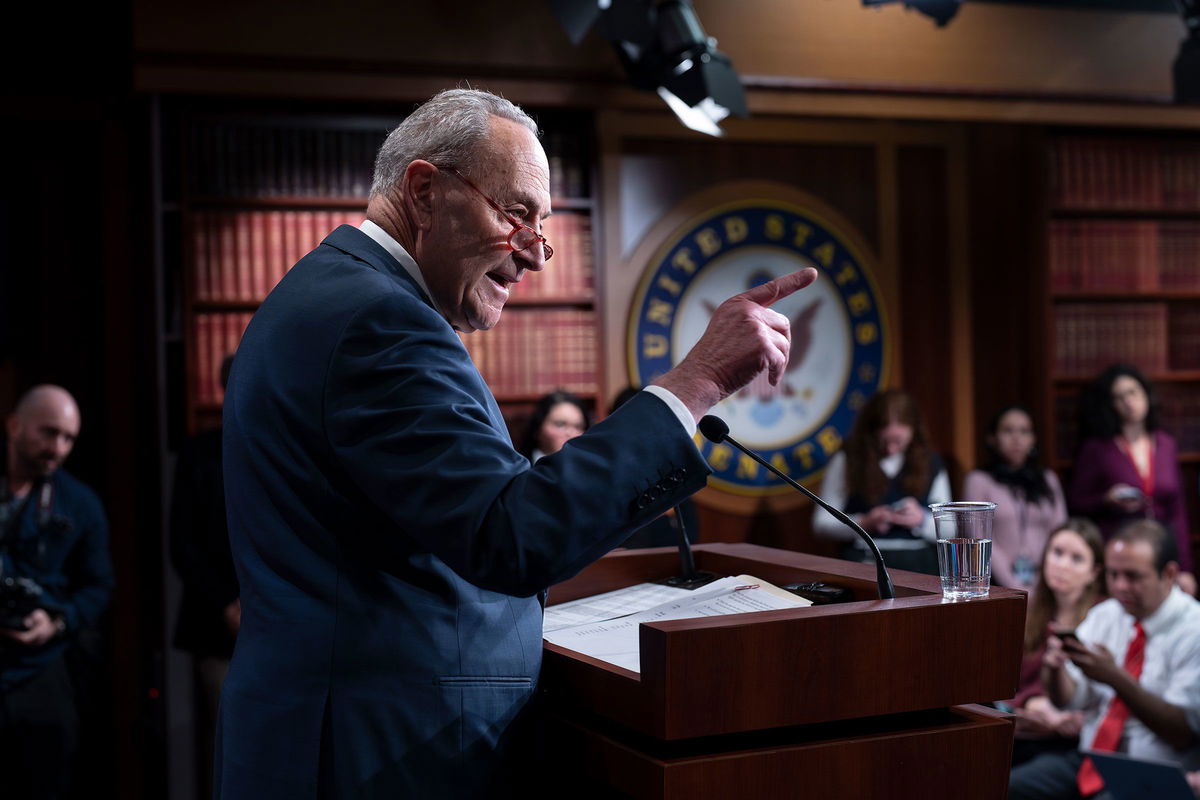 <i>J. Scott Applewhite/AP</i><br/>Senate Majority Leader Chuck Schumer meets with reporters at the Capitol in Washington