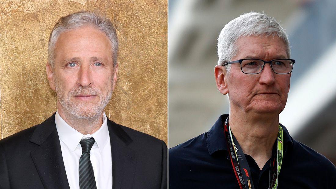 <i>Cindy Ord/Jared C. Tilton/Getty Images</i><br/>Left: Jon Stewart; right: Tim Cook. The House Select Committee on the Chinese Communist Party on November 15 sent a letter to Apple chief executive Tim Cook asking that he explain why the company will no longer produce “The Problem With Jon Stewart” for its streaming service — AppleTV+.