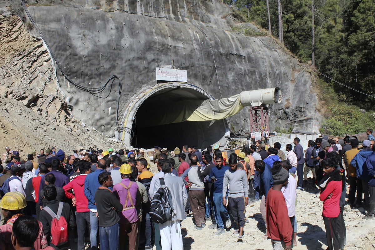 <i>Rahul Grover/AP</i><br/>Rescue efforts are underway after an under-construction tunnel collapsed in Uttarakhand state