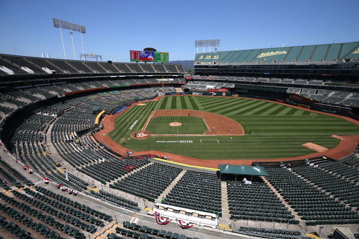 <i>Brad Mangin/Sports Illustrated/Getty Images/FILE</i><br/>RingCentral Coliseum is shown as the Oakland Athletics host the Los Angeles Angels. Major League Baseball owners unanimously voted November 16 to approve the relocation of the Oakland Athletics out of the Bay Area to Las Vegas.