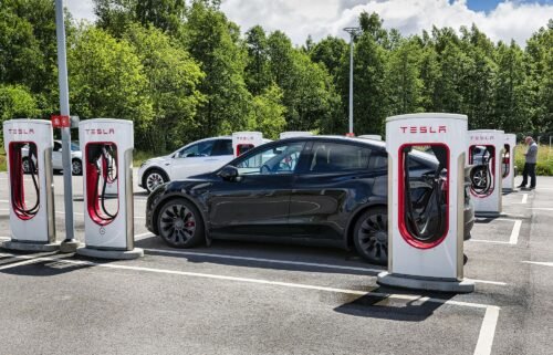 Tesla charging stations in Sweden. The electric carmaker's business in the country has been disrupted by a wave of sympathy strikes by workers supporting Tesla's local mechanics.