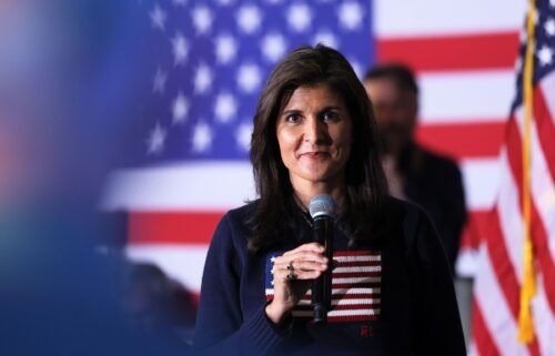 Republican presidential candidate Nikki Haley takes a question from an audience member during a town hall at Rochester American Legion Post #7 on October 12 in Rochester