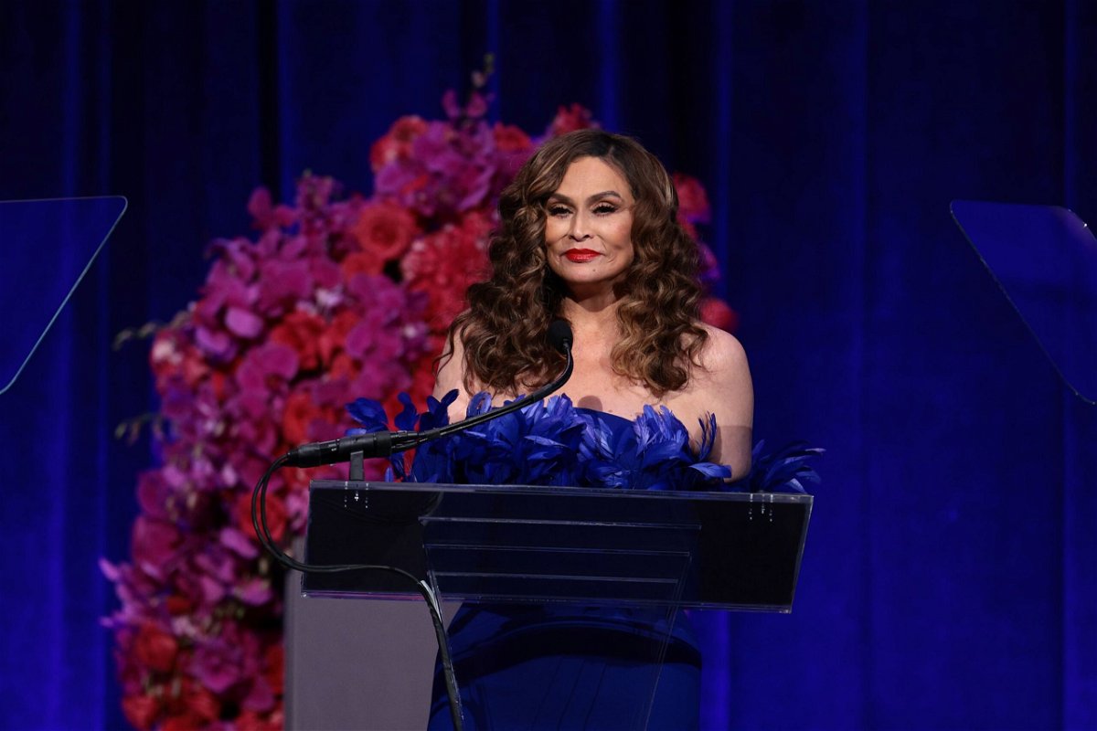 <i>Dimitrios Kambouris/Getty Images</i><br/>Tina Knowles speaks at Angel Ball 2023 on October 23 in New York City. Tina Knowles