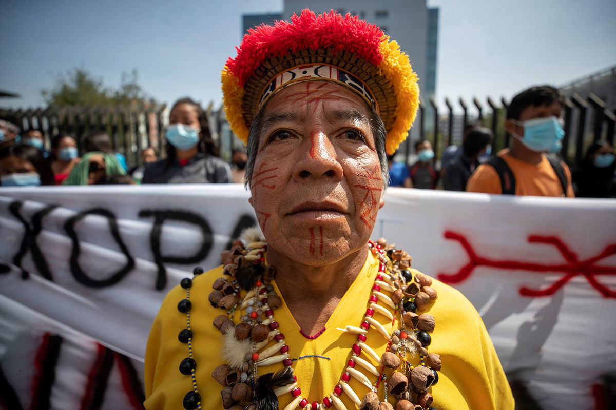 <i>Jose Jacome/EPA-EFE/Shutterstock/File</i><br/>Indigenous people of the Siekopai nation demonstrated outside the National Court of Justice (CNJ) to demand the ratification of the right to keep 'invaders' out of their ancestral territory