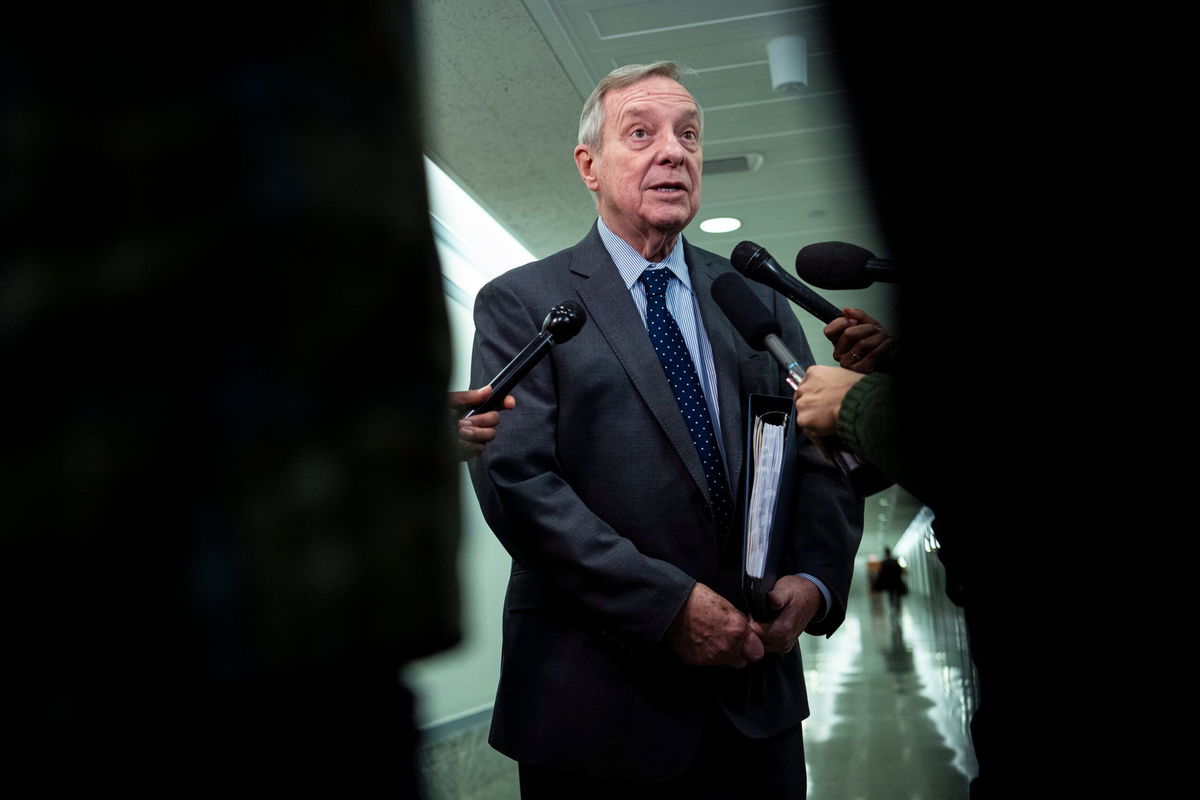 <i>Graeme Sloan/Sipa/AP</i><br/>Senator Dick Durbin speaks to media before a Senate Judiciary Committee nominations hearing