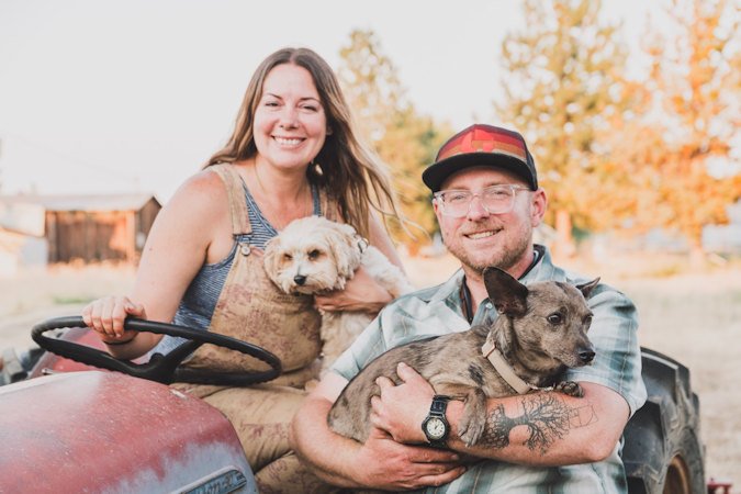 Aaron & Lauren, owners of Fibonacci Farm and their dogs Sheldon and Theo.
