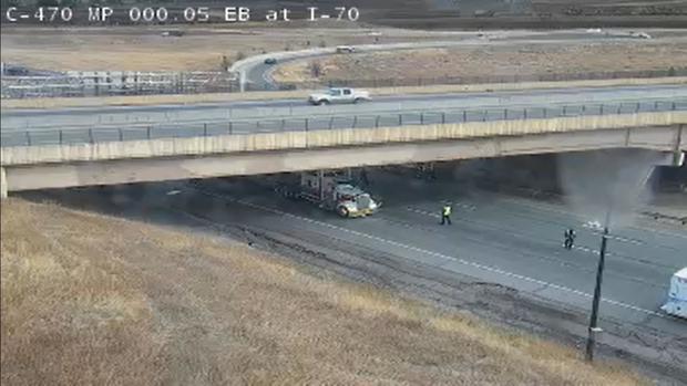 <i>CDOT/KCNC</i><br/>An oversized load became wedged under the bridge and closed westbound lanes of I-70.