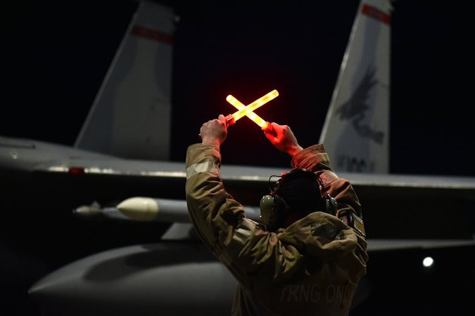 Members of the 142nd Wing perform night flying January 9, 2021 at Portland Air National Guard Base, Ore. Night flying helps pilots enhance their skill set to handle different types of flying conditions. 