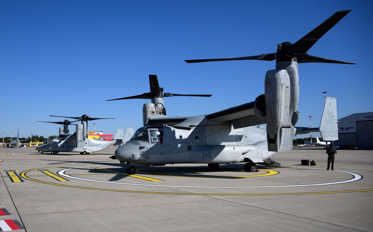 <i>Bernd von Jutrczenka/picture alliance/Getty Images</i><br/>Two US Navy Bell-Boeing V-22 Osprey aircraft are shown at Riga Airport in Latvia on September 18.