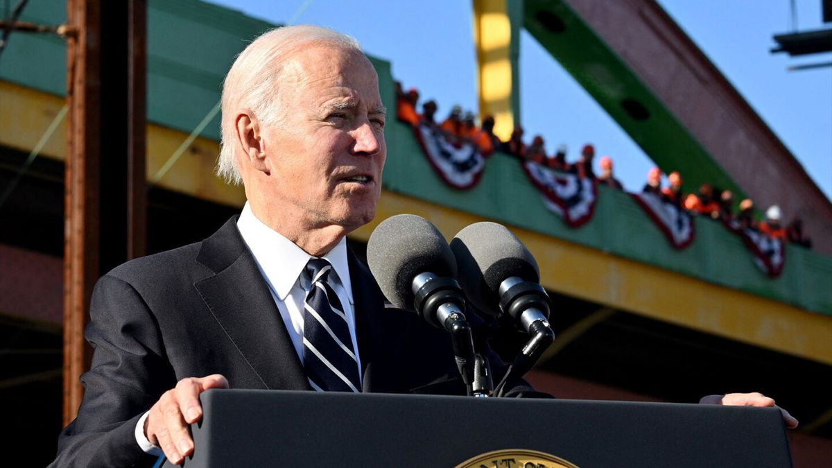 <i>Mandel Ngan/AFP/Getty Images</i><br/>US President Joe Biden delivers remarks on how the Bipartisan Infrastructure Law will provide funding to replace the 150 year old Baltimore and Potomac Tunnel