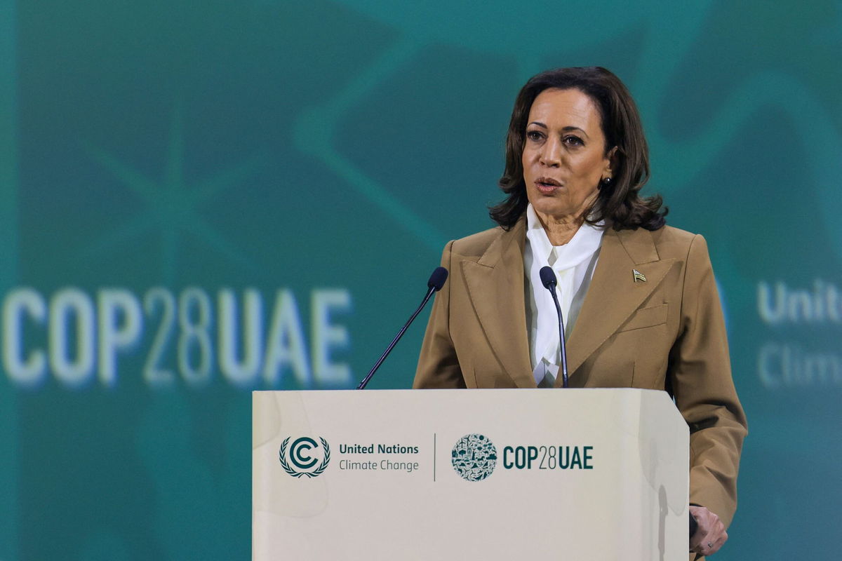 <i>Karim Sahib/AFP/Getty Images</i><br/>US Vice President Kamala Harris speaks during the Tripling Renewable Energy and Doubling Energy Efficiency by 2030 session at the COP28 United Nations climate summit in Dubai on December 2.