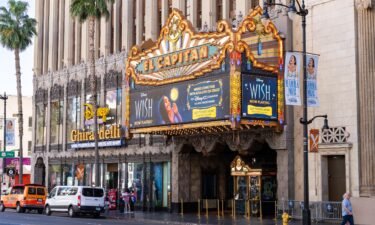 General view of the El Capitan Theatre's marquee promoting the new Disney animated film 'Wish' on November 23