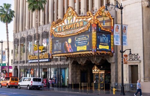 General view of the El Capitan Theatre's marquee promoting the new Disney animated film 'Wish' on November 23