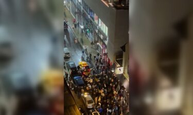 A screengrab from a video shows pro-Palestinian demonstrators outside Goldie falafel shop in Philadelphia on Sunday night.