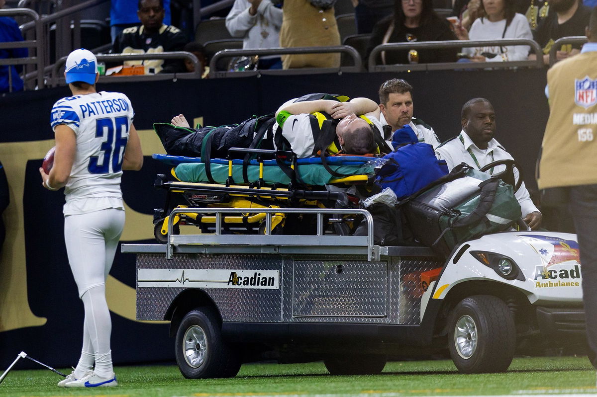 <i>Stephen Lew/USA TODAY Sports/Reuters</i><br/>Nick Piazza is stretchered away after suffering an injury following a collision with New Orleans Saints running back Alvin Kamara.