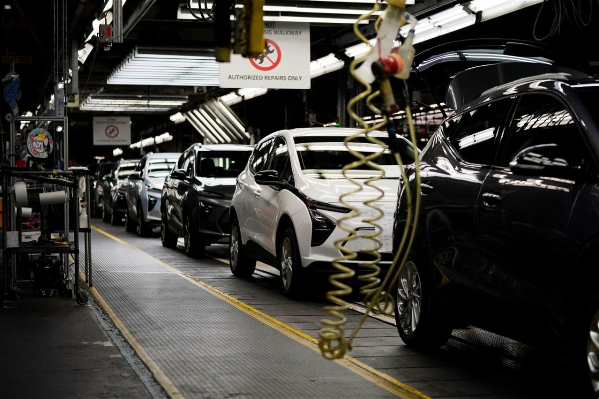 <i>Carlos Osorio/AP</i><br/>The 2023 Chevrolet Bolt EV and EUV assembly line is seen at the General Motors Orion Assembly in Michigan on June 15. General Motors will lay off about 1
