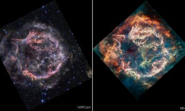 Astronomers spied previously unseen details in the supernova remnant Cassiopeia A using the Webb telescope's Near-Infrared Camera (left) and Mid-Infrared Instrument (right).