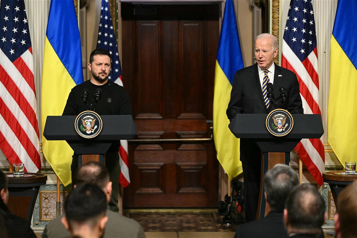 <i>Mandel Ngan/AFP/Getty Images</i><br/>US President Joe Biden and Ukraine's President Volodymyr Zelensky hold a joint press conference in the Indian Treaty Room of the Eisenhower Executive Office Building