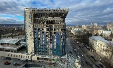 A view shows the Kharkiv Palace Hotel heavily damaged by a Russian missile strike