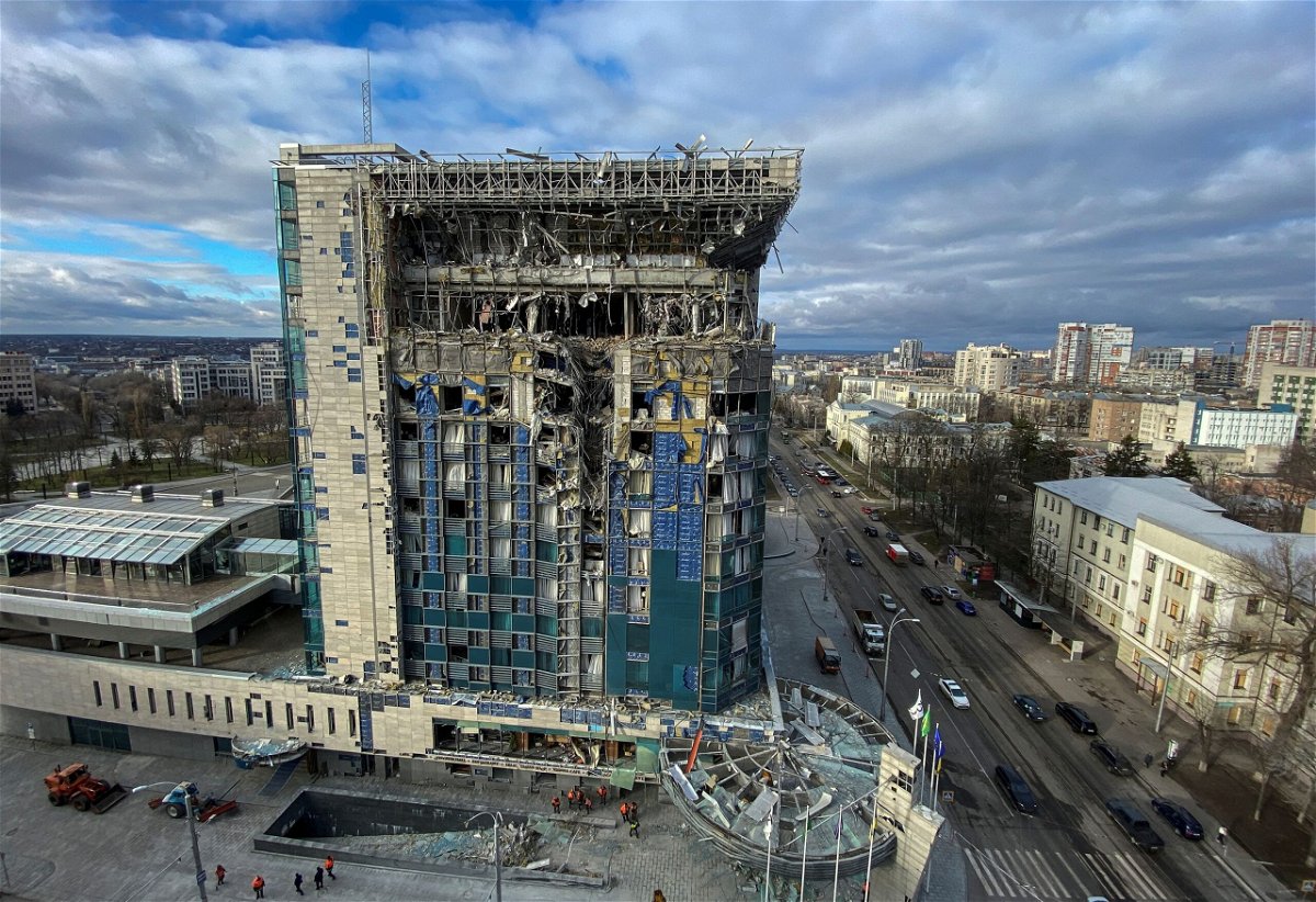 <i>Vitalii Hnidyi/Reuters</i><br/>A view shows the Kharkiv Palace Hotel heavily damaged by a Russian missile strike