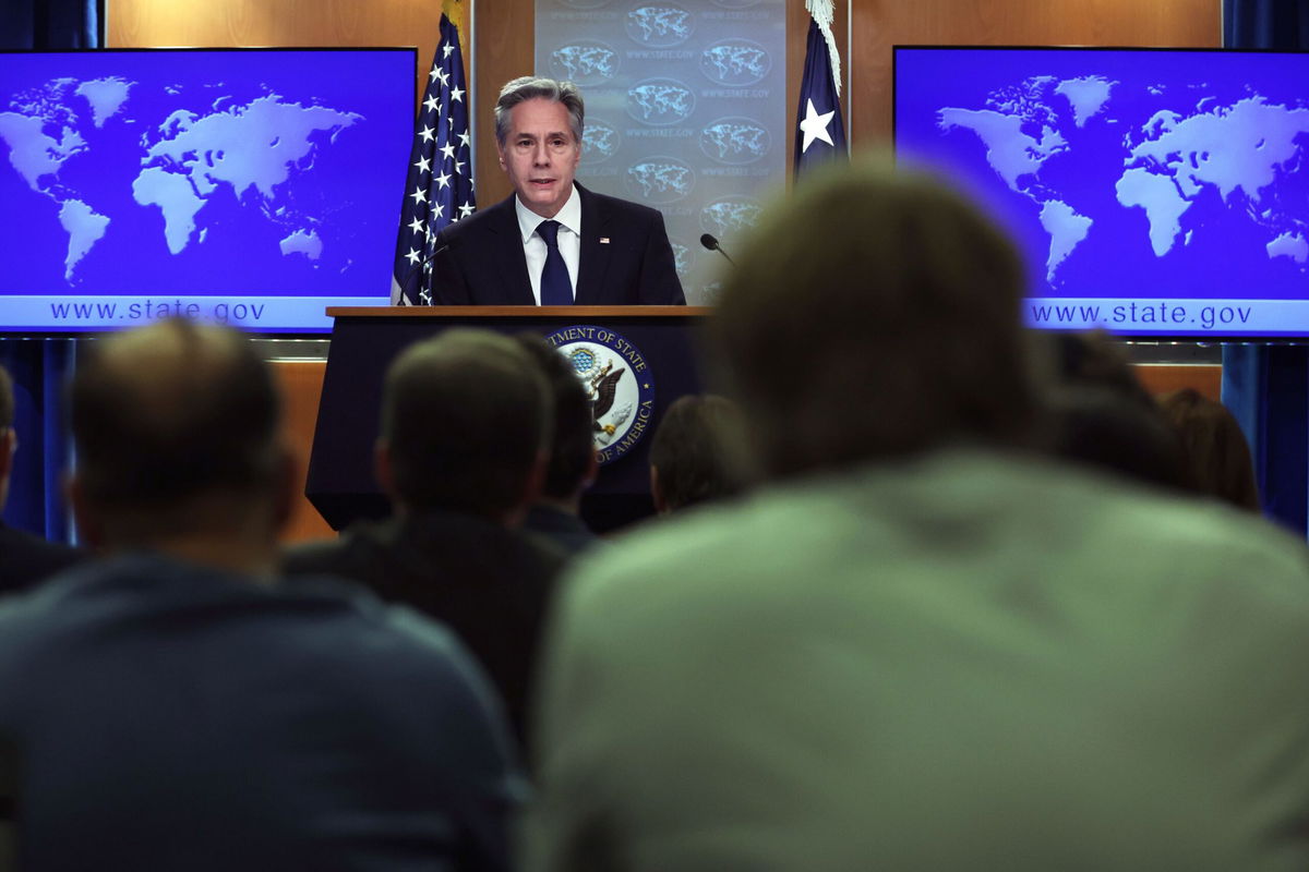 <i>Alex Wong/Getty Images</i><br/>US Secretary of State Antony Blinken speaks during a news conference at the State Department on December 20