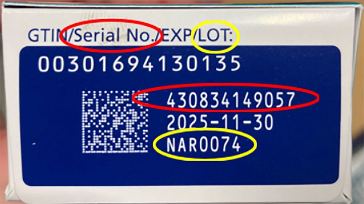 <i>FDA</i><br/>The FDA warns against using Ozempic products labeled with lot number NAR0074 and serial number 430834149057 as pictured.