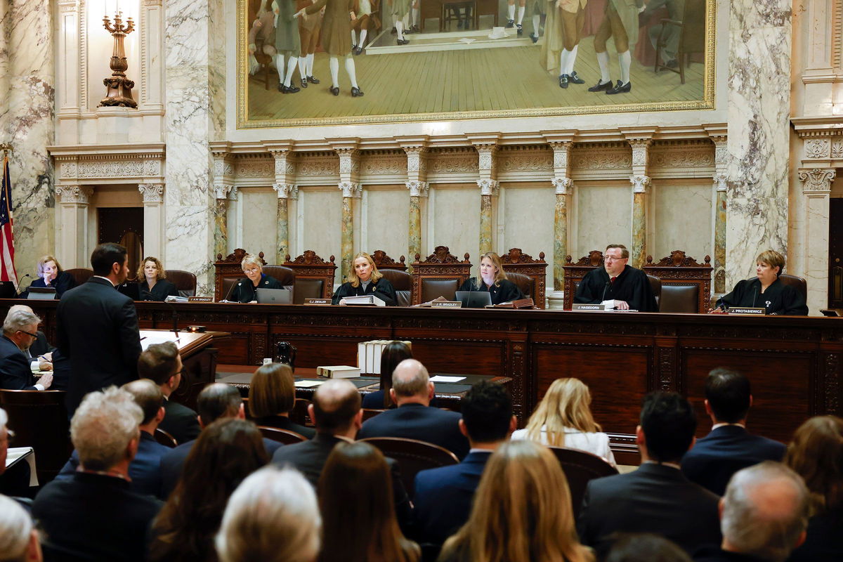 <i>Ruthie Hauge/Pool/AP</i><br/>The Wisconsin Supreme Court listens to arguments during a redistricting hearing in November.