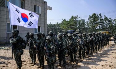 South Korean marines take part in the "Ssangyong 2023 Exercise" joint landing operation by US and South Korean Marines in the south-eastern port of Pohang on March 29.