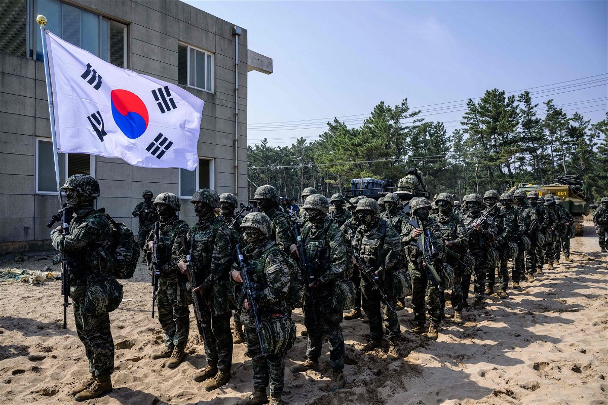 <i>Anthony Wallace/AFP/Getty Images</i><br/>South Korean marines take part in the 