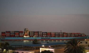 Maersk's Sentosa container ship sails southbound to exit the Suez Canal in Egypt