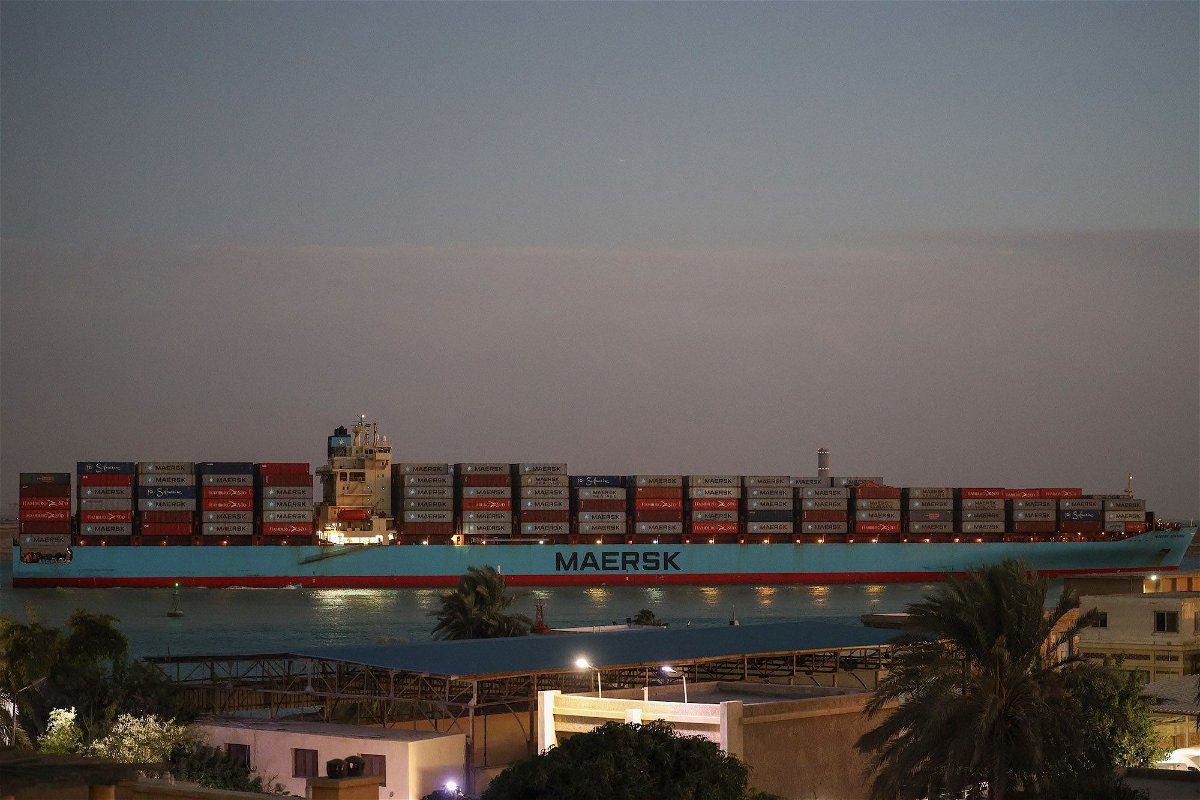 <i>Stringer/Bloomberg/Getty Images</i><br/>Maersk's Sentosa container ship sails southbound to exit the Suez Canal in Egypt