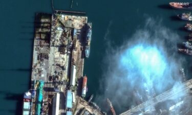 The image taken after the strike appears to show the Novocherkassk landing ship billowing with smoke and partially submerged.