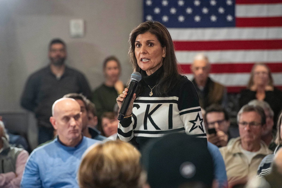 <i>Joseph Prezioso/AFP/Getty Images</i><br/>Former South Carolina governor and 2024 presidential hopeful Nikki Haley speaks at a campaign town hall event in Lebanon