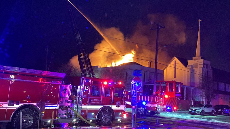 Intense flames forced firefighters out of NE Portland church fire, fought from outside