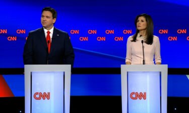 Former South Carolina Gov. Nikki Haley and Florida Gov. Ron DeSantis participate in a CNN Republican Presidential Debate at Drake University in Des Moines