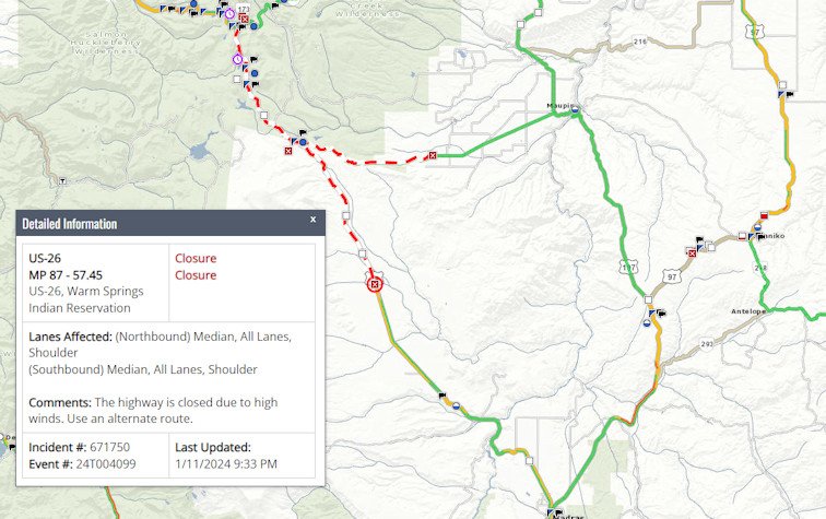 Red X's mark the spots where wind, other issues closed US Highways 26 and 97 Thursday night