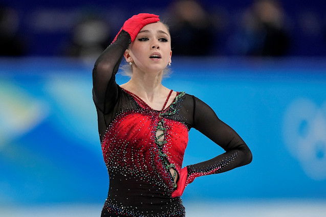  Kamila Valieva, of the Russian Olympic Committee, reacts in the women's team free skate program during the figure skating competition at the 2022 Winter Olympics, Monday, Feb. 7, 2022, in Beijing.