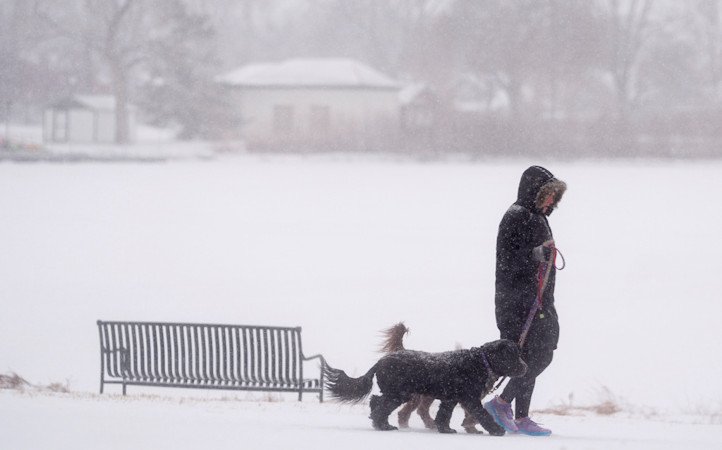 With the daytime high temperature in negative far below zero, a pedestrian leads a pair of dogs around the lake in Washington Park on Monday in Denver.