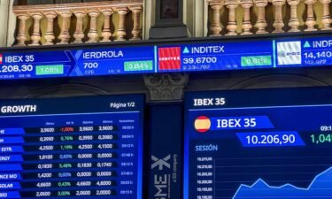 A screen displaying Spain's IBEX 35 stock index at Madrid's Stock Exchange
