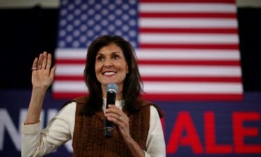 Nikki Haley speaks at a campaign town hall in Atkinson