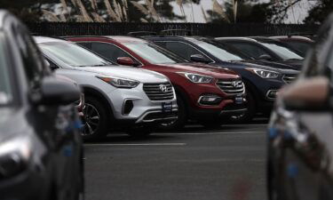 Brand new Hyundai Santa Fe SUVs are displayed at a Hyundai dealership on April 7