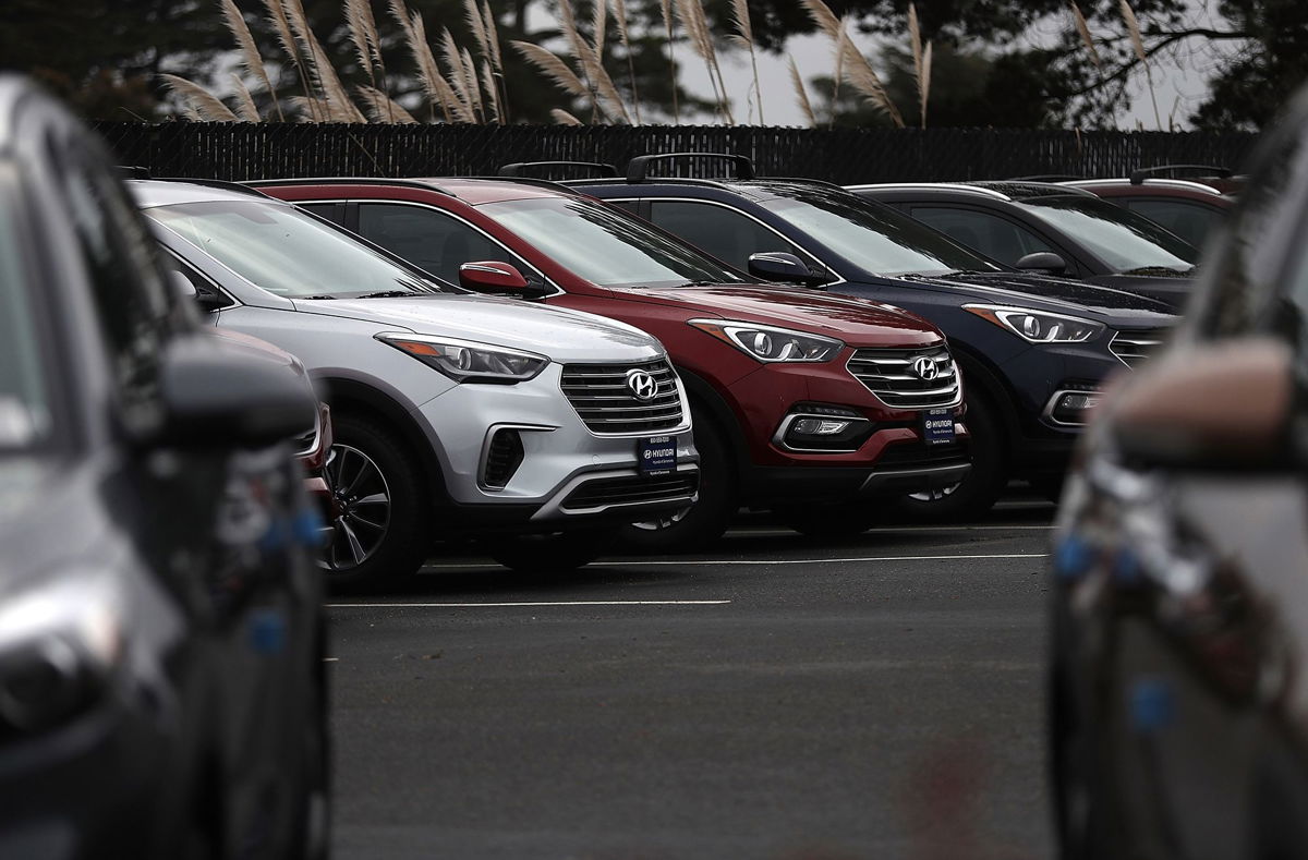 <i>Justin Sullivan/Getty Images</i><br/>Brand new Hyundai Santa Fe SUVs are displayed at a Hyundai dealership on April 7