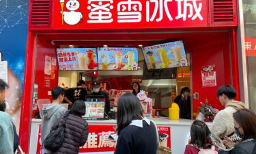 Customers wait for their orders at a Mixue outlet in Mongkok
