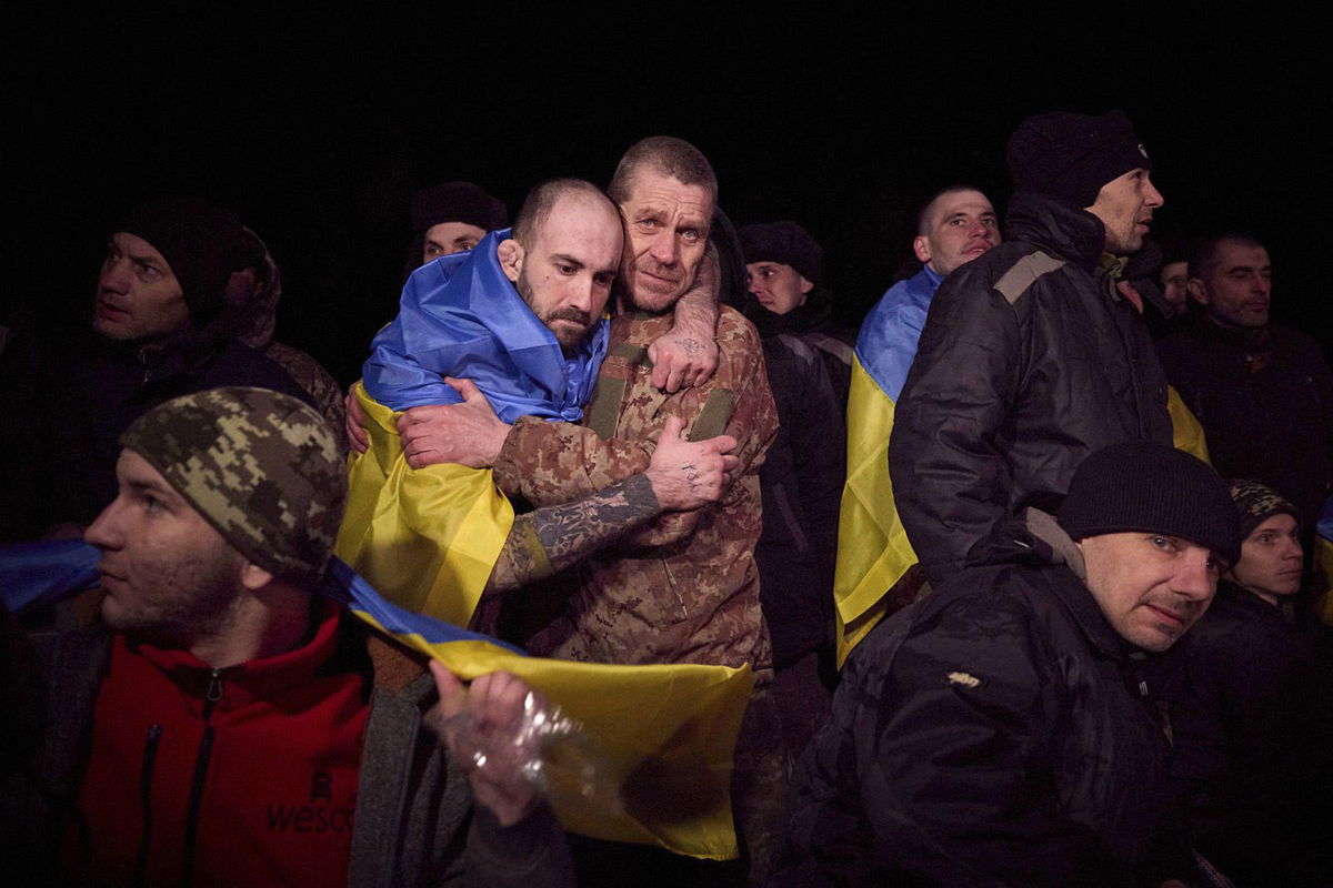 <i>Ukrainian Presidential Press Office/AP</i><br/>Ukrainian prisoners of war pictured following a prisoner exchange near Sumy