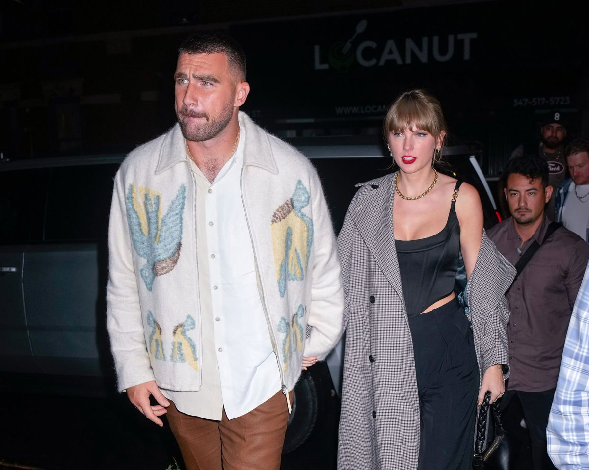 <i>Gotham/GC Images/Getty Images</i><br/>Travis Kelce and Taylor Swift arrive at an SNL afterparty on October 15