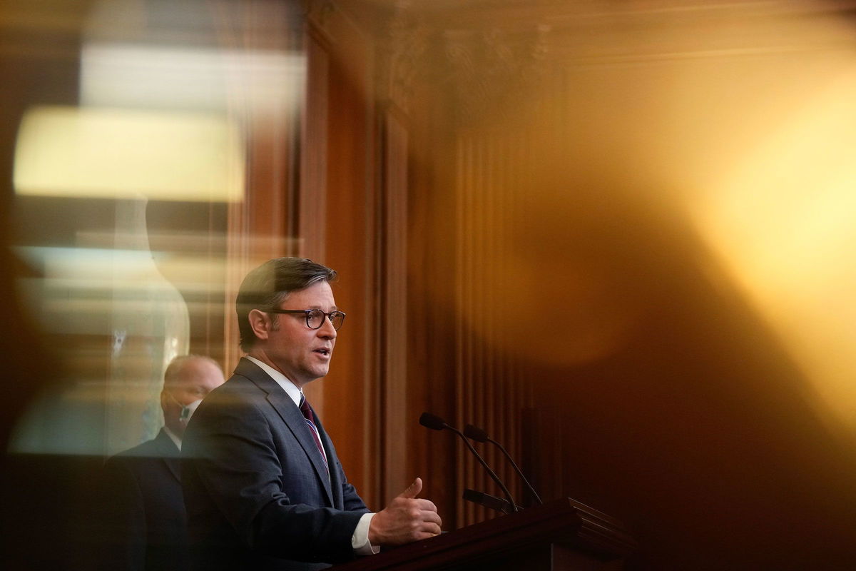 <i>Drew Angerer/Getty Images</i><br/>House Speaker Mike Johnson speaks during a news conference at the US Capitol December 5 in Washington