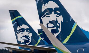 An Alaska Airlines Boeing 737 Max 9 aircraft is seen here grounded at Seattle-Tacoma International Airport in Seattle on January 6. Shares in Boeing fell as much as 8.6% in pre-market trade on Monday.