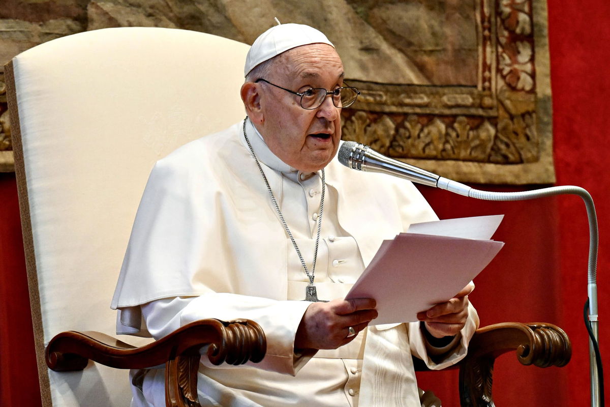 <i>Vatican Pool/Getty Images</i><br/>Pope Francis holds his speech during 